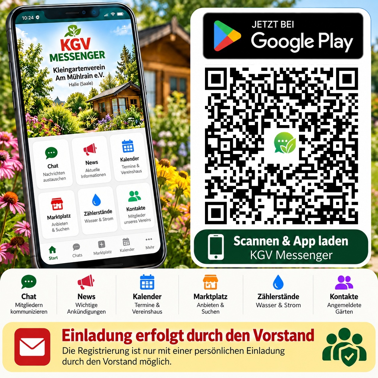 KGV Messenger Vereins-App für den Kleingärtnerverein Am Mühlrain in Halle mit QR-Code zum Google Play Store